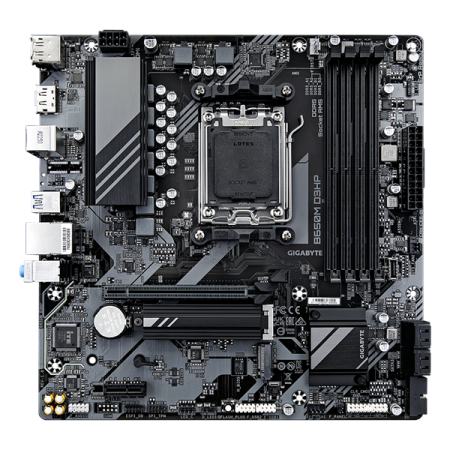 Фото GIGABYTE B650M D3HP, AM5, B650, 4*DDR5, 4*SATA, 2*M.2, 3*USB 3.2, 2*USB 2.0, Type-C, 1*PCIx16, 1*PCIx1, 2*DP+HDMI, mATX