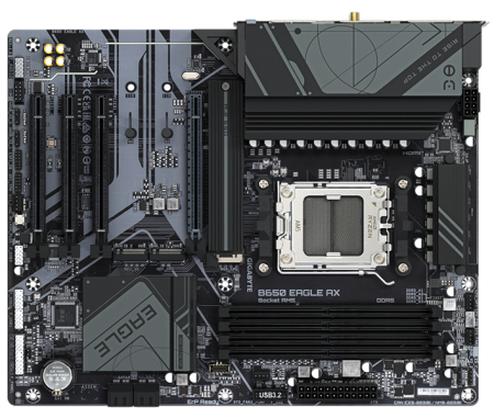 Фото GIGABYTE B650 EAGLE AX, AM5, B650, 4*DDR5, 4*SATA, 3*M.2, 2*USB 3.2, 6*USB 2.0, Type-C, 4*PCIx16, DP+HDMI, ATX