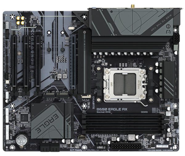 Фото GIGABYTE B650 EAGLE AX, AM5, B650, 4*DDR5, 4*SATA, 3*M.2, 2*USB 3.2, 6*USB 2.0, Type-C, 4*PCIx16, DP+HDMI, ATX