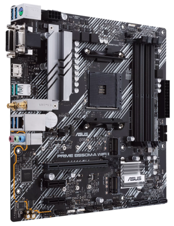 Фото ASUS PRIME B550M-A WIFI II, AM4, B550, 4*DDR4, 4*SATA, 2*M.2, 6*USB 3.2, 2*PCIx16, 2*PCIx1, DVI-D+HDMI+D-Sub, mATX ; 90MB19X0-M0EAY0