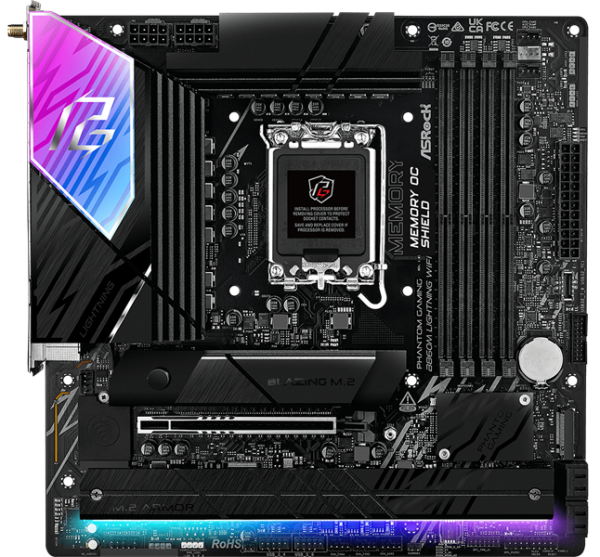 Фото ASROCK B860M LIGHTNING WIFI, LGA1851, B860, 4*DDR5, 4*SATA, 4*M.2, 4*USB 3.2, 3*USB 2.0, Type-C, 2*PCIx16, 1*M.2 (Key E), HDMI+DP, mATX
