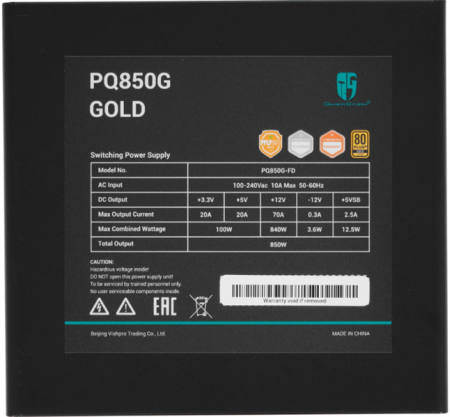 Фото Deepcool GAMERSTORM PQ850G (ATX 3.1, 850W, Full Cable Management, PWM 120mm fan, 80+ GOLD, Active PFC + Half Bridge + DC/DC, Full Japanese Capasitors, Gen5 PCIe) RET (R-PQ850G-FD0B-WGEU-V1)