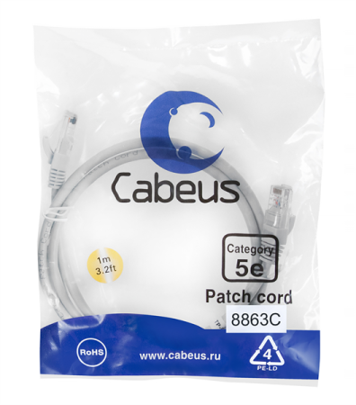 Фото Cabeus PC-UTP-RJ45-Cat.5e-1m-LSZH Патч-корд U/UTP, категория 5е, 2xRJ45/8p8c, неэкранированный, серый, LSZH, 1м