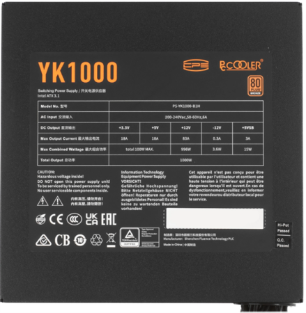 Фото PCCooler YK1000, 1000W, ATX3.1/PCIe5.1, APFC, 80+ Bronze, 13.5cm Fan, Non-Modular (P5-YK1000-B1H)