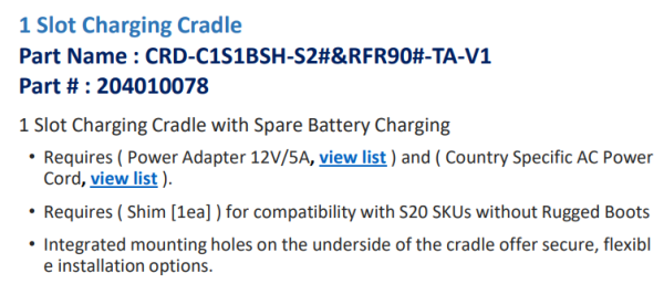 Фото Bluebird ASSY: 1 Slot Charge Only Cradle RFID_S20, Requires Power Adapter 12V/5A and AC Power Cord (CRD-C1S1BSH-S2* & RFR90*)