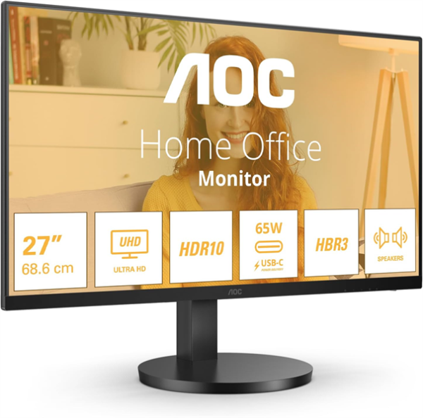 Фото 27" AOC 3840x2160 WLED 16:9 IPS 350cd, 1000:1, 20M:1, 4ms, 178°/178°, 2xHDMI, USB hub: 2*USB3.2, USB-C(65W), 60Hz, Speakers, Tilt, Height, VESA, Internal, Black, 3y