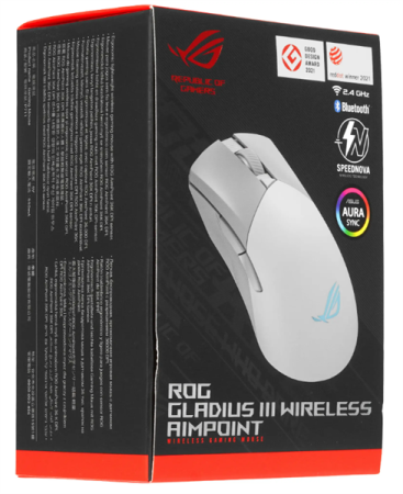 Фото ASUS ROG GLADIUS III WL AIMPOINT, 79g, Wired, 2.4GHz RF, Bluetooth 5.1, 36K DPI sensor, 6 Programmable Buttons, White