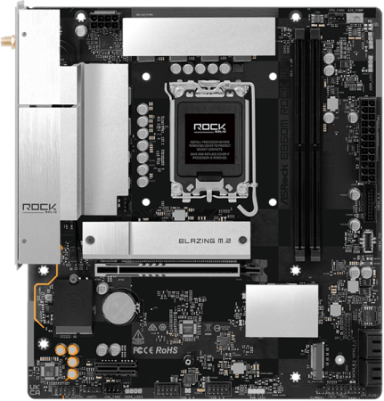 Фото ASROCK B860M Rock WiF, LGA1851, B860, 4*DDR5, 4*SATA, 4*M.2, 4*USB 3.2, 3*USB 2.0, Type-C, 2*PCIx16, 1*M.2 (Key E), HDMI, mATX