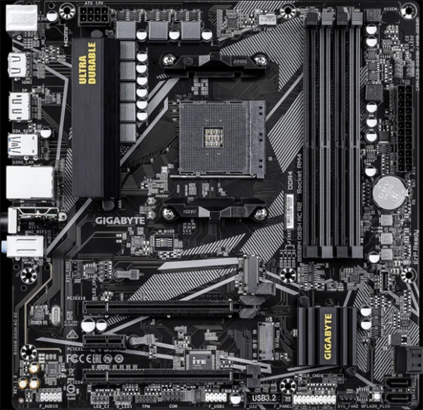 Фото GIGABYTE B550M DS3H AC R2, AM4, B550, 4*DDR4, 4*SATA, 2*M.2, 4*USB 3.2, 2*USB 2.0, 2*PCIx16, 1*PCIx1, HDMI+DP, mATX