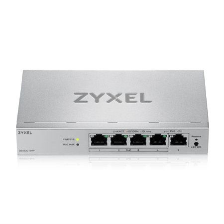 Фото Web Smart L2 коммутатор Zyxel GS1200-5HPv3, 5xGE (4xPoE+), бюджет PoE 68 Вт, настольный, бесшумный