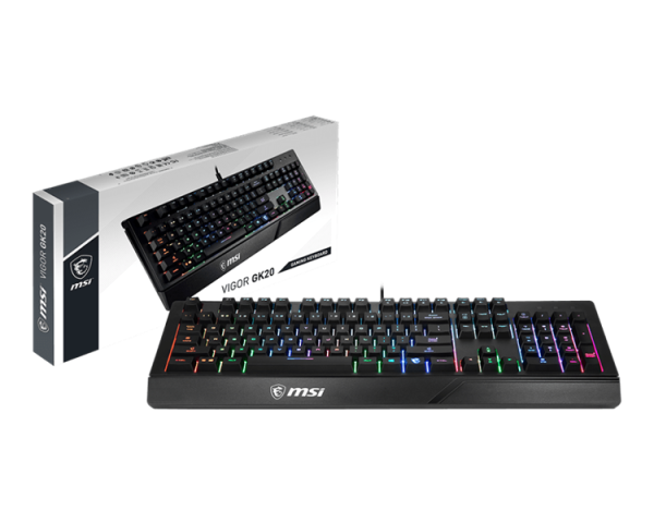Фото Gaming Keyboard MSI VIGOR GK20, Wired, membrane Keyboard with ergonomic keycaps and wrist rest. 12 Key Anti-ghosting Capability. Water Resistant (spill-proof), Static multi-colour backlighting, Black