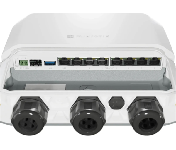 Фото MikroTik RB5009UPR+S+OUToutdoor heavy-duty PoE router1x 2.5 Gigabit Ethernet, 10G SFP+, 1GB of RAM, 1GB NAND, modern quad-core CPU, 9 (!) powering options, durable IP66 waterproof enclosure.