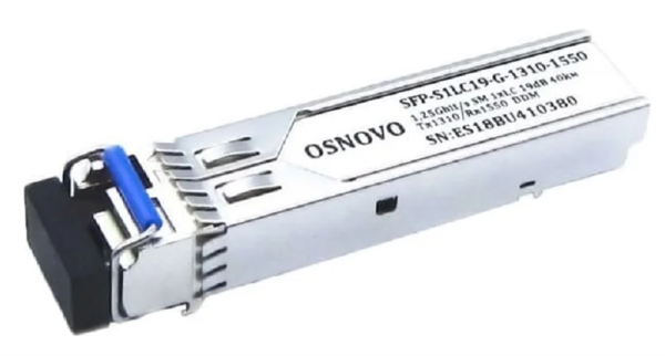 OSNOVO SFP-S1LC19-G-1310-1550 Оптический SFP Модуль. Одно волокно Single Mode. Скорость: до 1,25 Гбит/c. Тип разъема: LC. Оптический бюджет: 19дБ. Расстояние передачи - до 40км. Рабочая длина волны,нм