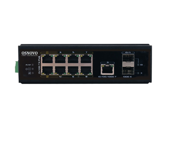 Фото OSNOVO SW-60812/I Промышленный PoE коммутатор на 11 портов. Порты: 6 x FE (10/100Base-T) с PoE (до 30W) + 2 x FE (10/100Base-T) с PoE (до 60W) + 1 x GE (10/100/1000Base-T) + 2 x GE SFP (1000Base-X). В
