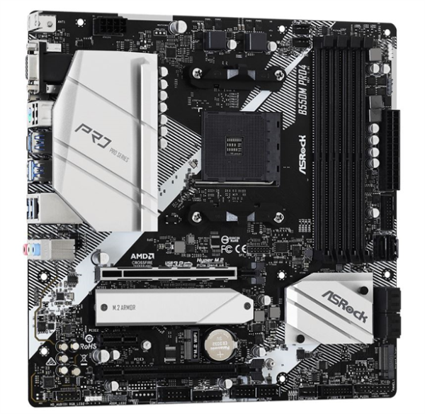 Фото ASROCK B550M PRO4, AM4, B550, 4*DDR4, 6*SATA, 2*M.2, 5*USB 3.2, 2*USB 2.0, Type-C, 6*PCIx16, 1*PCIx1, 1xM.2 (Key E), D-Sub+HDMI+DP, mATX