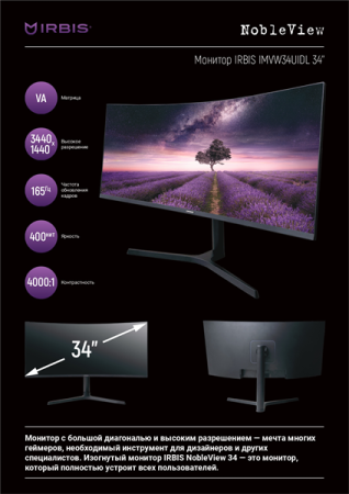 Фото 34'' IRBIS NOBLEVIEW 34 LED Monitor Curved 3440x1440, 21:9, VA, 400 cd/m2, 4000:1, 3ms, HDMI, DP USB-C(65W) USB-Ax2 USB-B 165Hz Speak Tilt Height Swivel внешн. Бп VESA Black 3y (China)