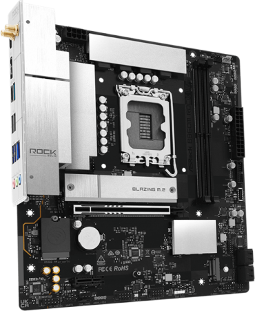 Фото ASROCK B860M Rock WiF, LGA1851, B860, 4*DDR5, 4*SATA, 4*M.2, 4*USB 3.2, 3*USB 2.0, Type-C, 2*PCIx16, 1*M.2 (Key E), HDMI, mATX