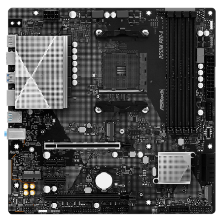 Фото ASROCK B550M PRO-A, AM4, B550, 4*DDR4, 4*SATA, 2*M.2, 5*USB 3.2, 2*USB 2.0, Type-C, 6*PCIx16, 1*PCIx1, 1xM.2 (Key E), HDMI, mATX