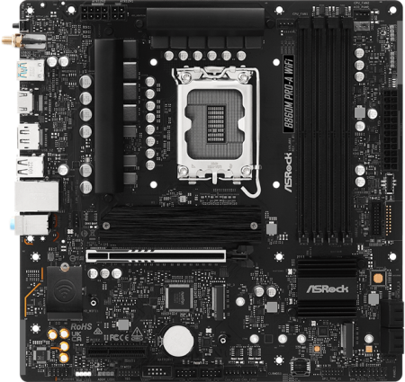 Фото ASROCK B860M PRO-A WIFI, LGA1851, B860, 4*DDR5, 4*SATA, 4*M.2, 6*USB 3.2, 2*USB 2.0, Type-C, 2*PCIx16, 1*M.2 (Key E), HDMI+DP, mATX