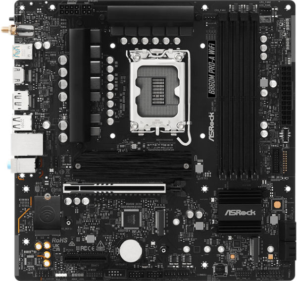 Фото ASROCK B860M PRO-A WIFI, LGA1851, B860, 4*DDR5, 4*SATA, 4*M.2, 6*USB 3.2, 2*USB 2.0, Type-C, 2*PCIx16, 1*M.2 (Key E), HDMI+DP, mATX