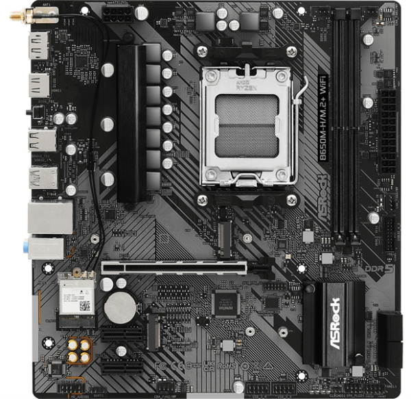 Фото ASROCK B650M-H/M.2+WIFI, AM5, B650, 2*DDR5, 4*SATA, 2*M.2, 3*USB 3.2, 2*USB 2.0, Type-C, 1*PCIx16, 2*PCIx1, 1xM.2 (Key E), HDMI+DP, mATX