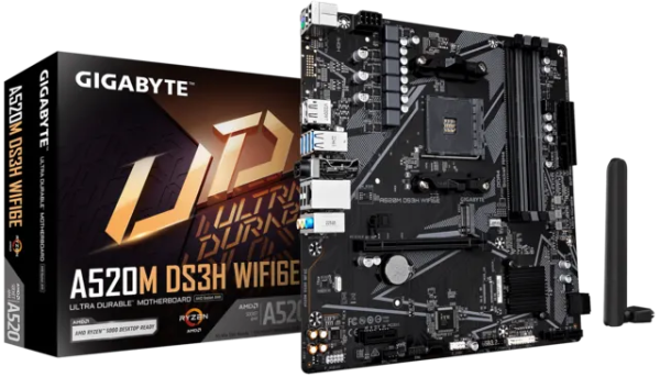 GIGABYTE A520M DS3H WF6E, AM4, A520, 4*DDR4, 4*SATA, 1*M.2, 4*USB 3.2, 2*USB 2.0, 1*PCIx16, 1*PCIx1, DP+HDMI, mATX