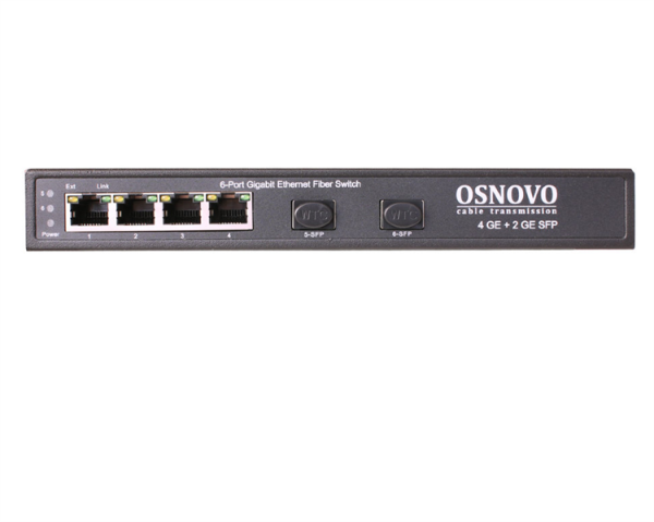 Фото OSNOVO SW-7042 Коммутатор Gigabit Ethernet на 4 RJ45 + 2 SFP. Порты: 4 x GE (10/100/1000Base-T), 2 x GE SFP (1000Base-FX). В комплекте БП DC12V(1A). Встроенная грозозащита 3кВ. Возможно крепление на с