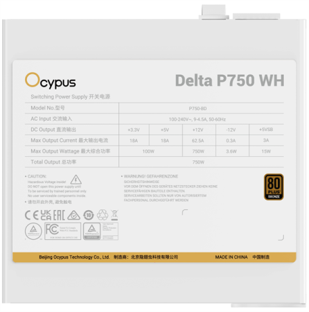 Фото Ocypus Delta P750 WH, 750W, APFC, 80+ Bronze, ATX 3.1, 120mm Fan