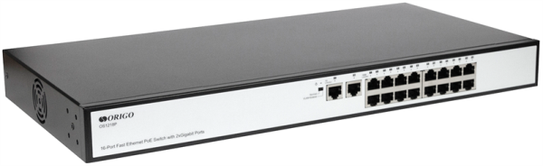 Фото ORIGO Неуправляемый PoE-коммутатор, 16x100Base-TX PoE, 2x1000Base-T, PoE-бюджет 190 Вт, PoE до 250 м, комплект для установки в 19" стойку