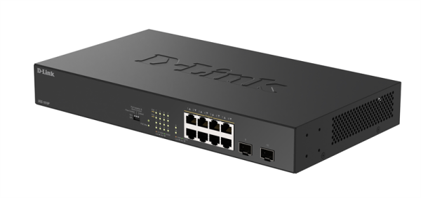 Фото D-Link Конфигурируемый PoE-коммутатор, 8х1000Base-T PoE, 2x1000Base-X SFP, PoE-бюджет 125 Вт, дальность PoE до 250 м, DIP-переключатель, корпус металл