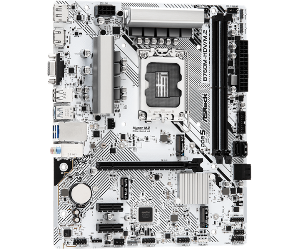 Фото ASROCK B760M-HDV/M.2, LGA1700, B760, 2*DDR5, 4*SATA, 2*M.2, 3*USB 3.2, 2*USB 2.0, Type-C, 1*PCIx16, 2*PCIx1, 1*M.2 (Key E), HDMI+DP+D-Sub, mATX