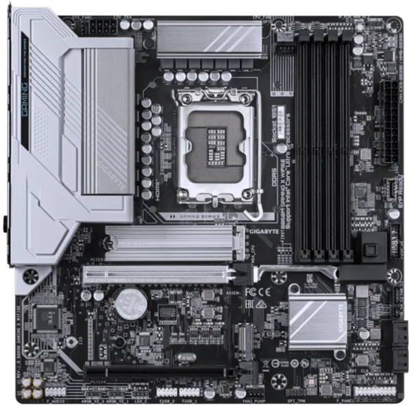 Фото GIGABYTE B860M GAMING X WIFI6E, LGA1851, B860, 4*DDR5, 4*SATA, 2*M.2, 4*USB 3.2, 2*USB 2.0, 2*PCIx16, DP+HDMI, mATX
