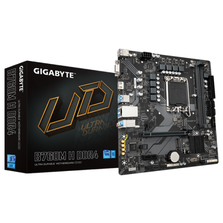 Фото GIGABYTE B760M H DDR4, LGA1700, B760, 2*DDR4, 4*SATA, 2*M.2, 4*USB 3.2, 2*USB 2.0, 1*PCIx16, 2*PCIx1, D-Sub+HDMI, mATX