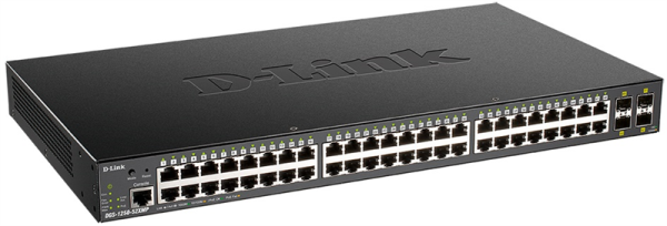 Фото D-Link PROJ Управляемый L2 PoE-коммутатор, 48x1000Base-T PoE, 4x10GBase-X SFP+, PoE-бюджет 370 Вт, CLI, консольный порт RJ-45