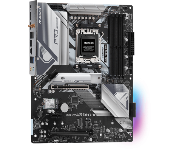 Фото ASROCK B650 PRO RS WIFI, AM5, B650, 4*DDR5, 4*SATA, 3*M.2, 3*USB 3.2, 6*USB 2.0, Type-C, 2*PCIx16, 1*PCIx1, 1*M.2 (Key E), HDMI+DP, ATX