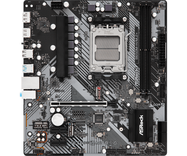 Фото ASROCK B650M-H/M.2+, AM5, B650, 2*DDR5, 4*SATA, 2*M.2, 3*USB 3.2, 2*USB 2.0, Type-C, 1*PCIx16, 2*PCIx1, 1xM.2 (Key E), HDMI+DP, mATX