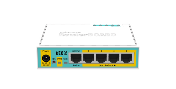 Фото MikroTik hEX PoE lite with 650MHz CPU, 64MB RAM, 5xLAN (four with PoE out), USB, RouterOS L4, plastic case and PSU