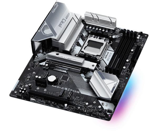 Фото ASROCK B650 PRO RS, AM5, B650, 4*DDR5, 4*SATA, 3*M.2, 3*USB 3.2, 6*USB 2.0, Type-C, 2*PCIx16, 1*PCIx1, 1*M.2 (Key E), HDMI+DP, ATX
