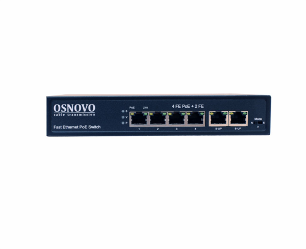 Фото OSNOVO SW-20600(80W) PoE коммутатор Fast Ethernet на 6 RJ45 портов. Порты: 1 x FE (10/100Base-T) с PoE (до 60W, A+B) + 3 x FE (10/100Base-T) с PoE (до 30W), 2 x FE (10/100 Base-T) Uplink. Соответствуе