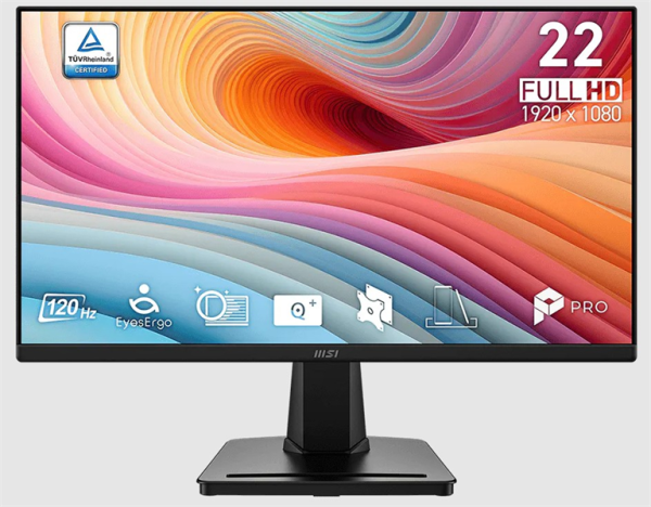 MSI PRO MP225 E12L 21.45" 16:9 FHD(1920x1080) IPS Flat,1ms(MPRT),1300:1,100M:1,300nit,178/178,HDMI 1.4,VGA(D-Sub),Tilt,VESA,120Hz,Black,1y war-ty