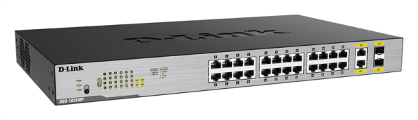 Фото D-Link Неуправляемый PoE-коммутатор, 24x1000Base-T PoE, 2xCombo 1000Base-T/SFP, PoE-бюджет 370 Вт, корпус металл