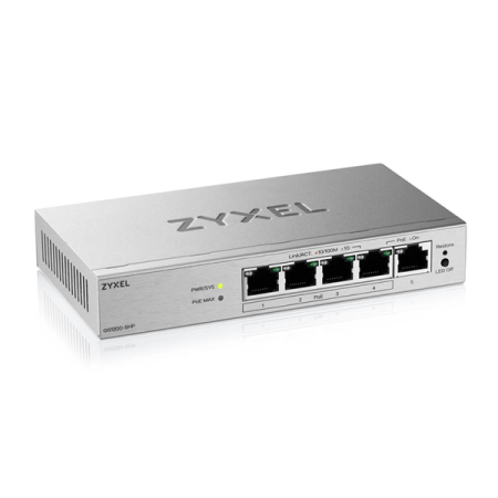 Фото Web Smart L2 коммутатор Zyxel GS1200-5HPv3, 5xGE (4xPoE+), бюджет PoE 68 Вт, настольный, бесшумный