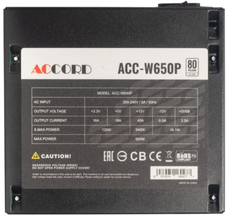 Фото Accord ATX 650W ACC-W650P 80+ white (20+4pin) 120mm fan 6xSATA RTL