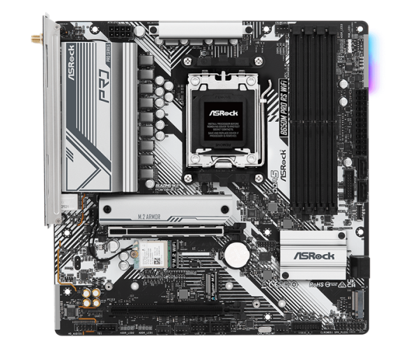 ASROCK B650M PRO RS WIFI, AM5, B650, 4*DDR5, 4*SATA, 3*M.2, 3*USB 3.2, 4*USB 2.0, Type-C, 2*PCIx16, 1*M.2 (Key E), HDMI+DP, mATX
