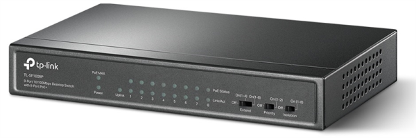 Фото TP-Link TL-SF1009P, 9-Port 10/100 Mbps Desktop Switch with 8-Port PoE+, 65 W, 250m