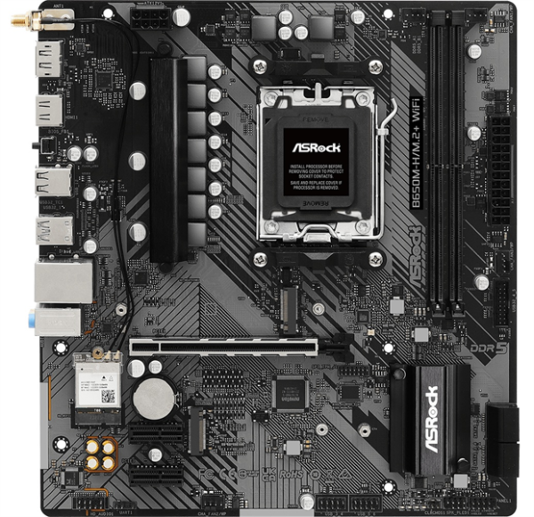 Фото ASROCK B650M-H/M.2+WIFI, AM5, B650, 2*DDR5, 4*SATA, 2*M.2, 3*USB 3.2, 2*USB 2.0, Type-C, 1*PCIx16, 2*PCIx1, 1xM.2 (Key E), HDMI+DP, mATX