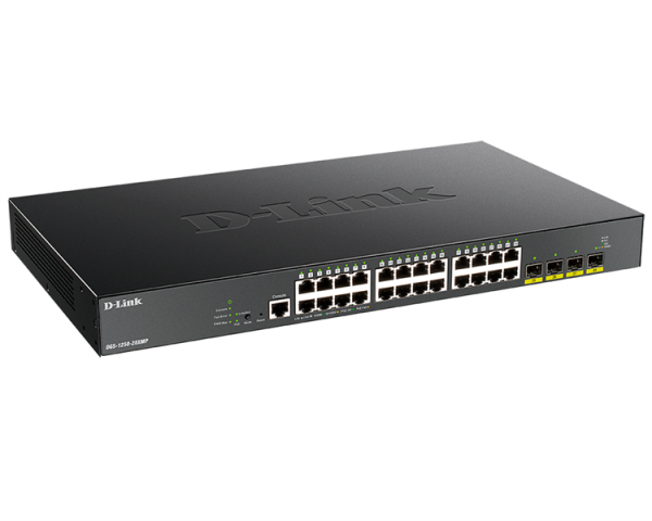 Фото D-Link PROJ Управляемый L2 PoE-коммутатор, 24x1000Base-T PoE, 4x10GBase-X SFP+, PoE-бюджет 370 Вт, CLI, консольный порт RJ-45
