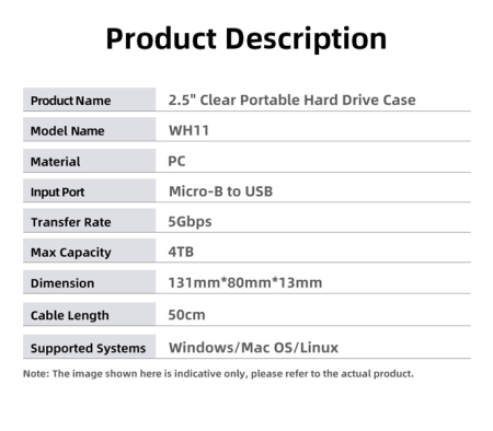 Фото Netac WH11 2.5 SATA to USB3.0 External HDD/SSD Case, Slide Transparent Cover, with USB3.0 A to B cable