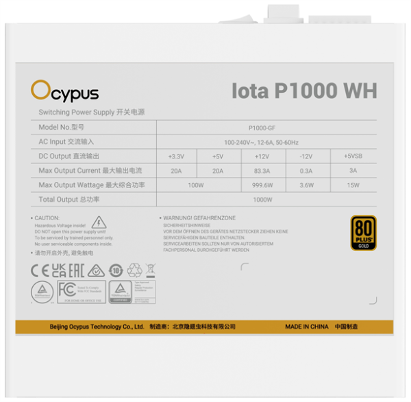 Фото Ocypus Iota P1000 WH, 1000W, APFC, 80+ Gold, ATX 3.1, Fully Modular, 120mm Fan