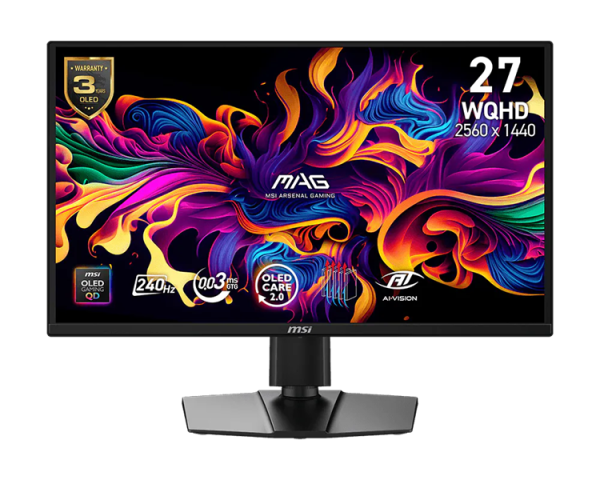 MSI MAG 272QP QD-OLED X24 26,5" 16:9 WQHD(2560x1440) QD-OLED Flat, 0.03ms(GTG), 1,5M:1, HDR Brightness 400nits, 2xHDMI, DP, Type-C, Tilt,Swivel,Height,Pivot,VESA,240Hz,Black,1y w-ty